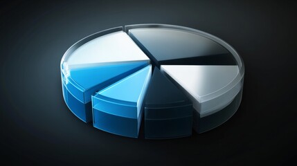 Leinwandbilder - An abstract financial pie chart with transparent slices in shades of blue and gray, on a dark gradient background with glowing highlights