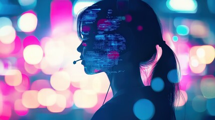 Wall Mural - woman with headset in front of vibrant digital interface, representing virtual communication, online