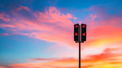 Leinwandbilder - An artistic perspective of a traffic light against a vibrant sunset sky, creating a dramatic silhouette that highlights its essential role in city life