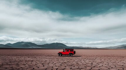 a rugged expedition vehicle painted a vibrant red is parked at the edge of a vast barren volcanic la