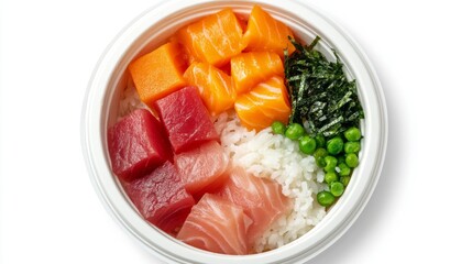 Wall Mural - An overhead shot of a colorful poke bowl filled with fresh fish, vegetables, and rice, beautifully arranged to highlight its vibrant colors and textures