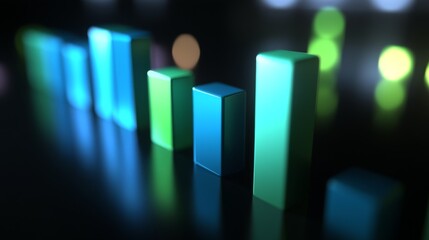 Fototapete - A D bar graph in cool blues and greens on a dark background with soft lighting from above, creating a sophisticated, data-centric visual