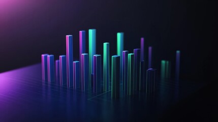 Fototapete - A D bar graph in cool blues and greens on a dark background with soft lighting from above, creating a sophisticated, data-centric visual