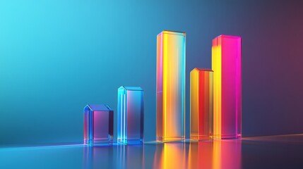 Poster - A D bar graph with vibrant, semi-transparent bars of varying heights on a gradient blue background, with reflections adding a sleek, polished effect