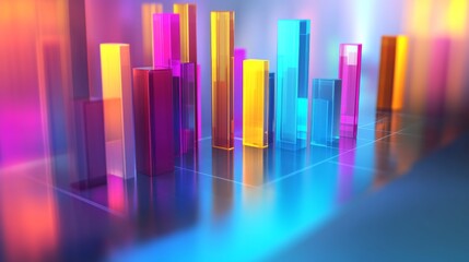 Poster - A D bar graph with vibrant, semi-transparent bars of varying heights on a gradient blue background, with reflections adding a sleek, polished effect