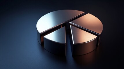 Leinwandbilder - A D financial pie chart with metallic segments, casting shadows on a dark background, creating a modern, professional data visualization
