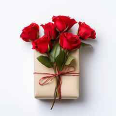 Wall Mural - gift, present decorated with red rose on white background top view. valentine's day, 14 february the