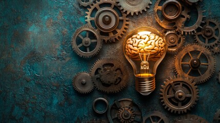 Poster - A brain-shaped light bulb surrounded by gears and cogs, symbolizing ideas and innovation, against a subtle textured background