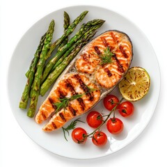 Wall Mural - Grilled salmon, asparagus, & cherry tomatoes on plate