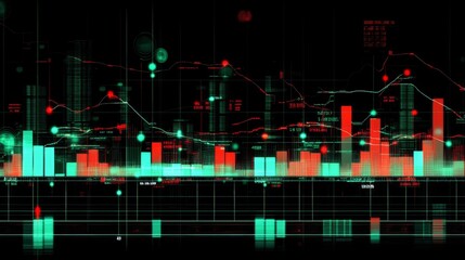 Poster - A candlestick chart with green and red bars on a dark digital grid, showcasing financial market trends with clear, sharp lines and labels