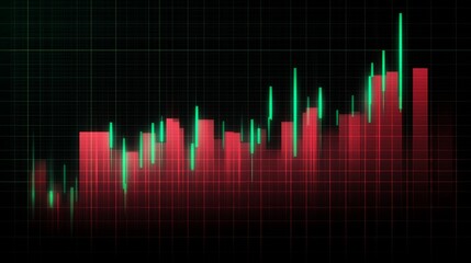 Poster - A candlestick chart with green and red bars on a dark digital grid, showcasing financial market trends with clear, sharp lines and labels
