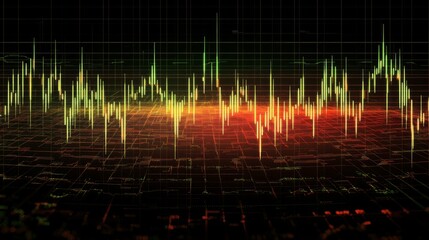 Poster - A candlestick chart with green and red bars on a dark digital grid, showcasing financial market trends with clear, sharp lines and labels