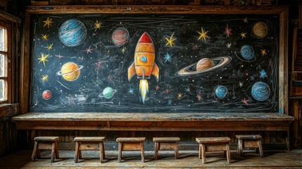 Wall Mural - vibrant space themed classroom blackboard chalk sketches of galaxies planets and rocket ship