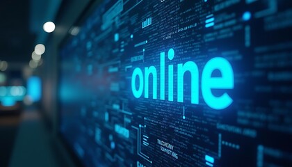 A digital display with the word 'online' in bright cyan on a dark screen showing technology diagrams