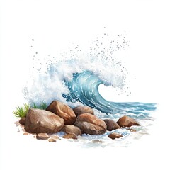 Fototapete - vibrant wave crashing over rocks, showcasing nature beauty and power, watercolor clip art