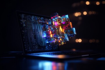 Fototapete - Illustration of a futuristic, neon-colored laptop, great for designing cover backgrounds, wallpapers, and other modern projects, made with AI