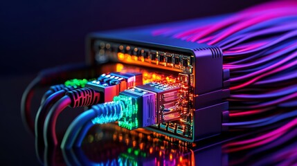Fototapete - Scene of a corridor in a data center in operation, loaded with rack servers and supercomputers, showcasing an internet connection projection