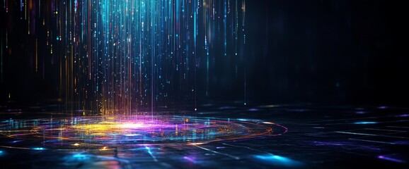 Fototapete - In this modern illustration, urban architecture is depicted with a cityscape that includes space and neon light effects. It captures the essence of hi-tech modernity, scientific innovation, and