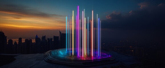 Poster - Intricate wave lines paired with gradient connections between smart city features and abstract dot points convey the idea of big data connection technology