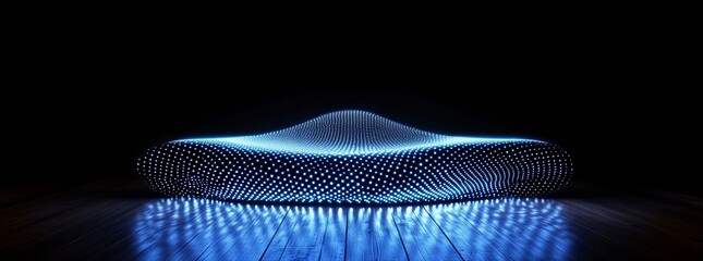 Leinwandbilder - In a modern design, a dark blue 3D abstract background with a dot pattern is featured, symbolizing technology, and includes a dynamic flow of dots in perspective, highlighting big data and