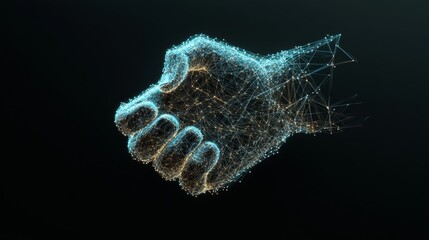 Poster - A glowing digital handshake constructed with intricate points and connecting lines, symbolizing technology-driven partnerships, collaboration, and advanced digital communication in a futuristic style.