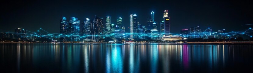 Fototapete - Technology connectivity is lively in the city, shown in a blue-themed scene