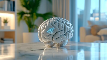 Poster - A detailed D rendering of a human brain with highlighted areas showing different functions, placed on a sleek, modern surface with soft lighting