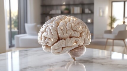 Poster - A detailed D rendering of a human brain with highlighted areas showing different functions, placed on a sleek, modern surface with soft lighting