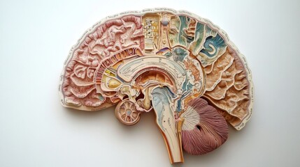 Poster - A detailed cross-sectional view of a human brain with labeled parts, set against a clean white background, emphasizing its complexity and functions
