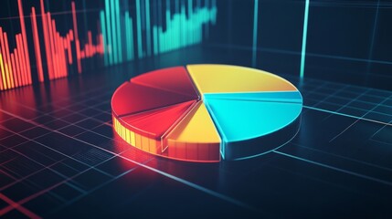 Poster - A digital pie chart with multicolored segments, glowing slightly against a dark grid background, conveying a high-tech financial data concept