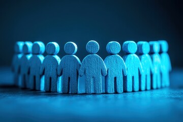 Wall Mural - wooden figures representing teamwork and collaboration standing in a circle on a dark background wit