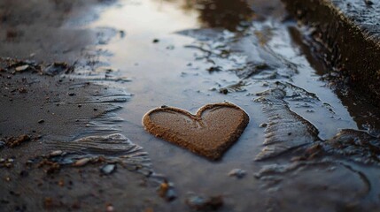 Poster - a photorealistic heart carved delicately into the wet sand at the curve of a narrow beach path