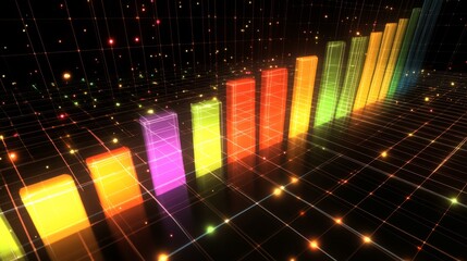 Leinwandbilder - A dynamic D bar graph with multicolored bars arranged in a rising trend, displayed on a digital grid background with glowing highlights