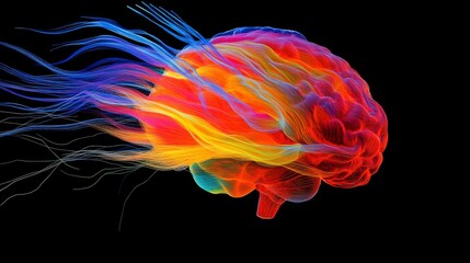 Leinwandbilder - A dynamic image of a brain connected to colorful wires, representing the flow of information and technology, set against a dark, tech-inspired background