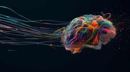 Leinwandbilder - A dynamic image of a brain connected to colorful wires, representing the flow of information and technology, set against a dark, tech-inspired background