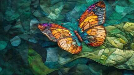 Poster - A dynamic image of a butterfly perched delicately on a bright green leaf, showcasing its colorful wings against the rich texture of the foliage