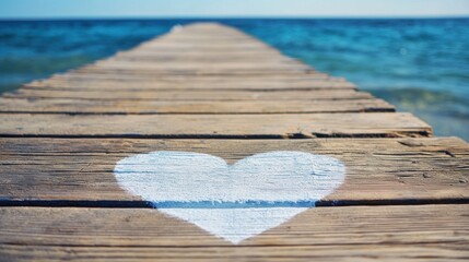 Poster - a single white heart painted on a narrow wooden boardwalk stretching toward the sea