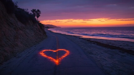 Poster - a glowing heart motif projected onto a quiet beach road at dusk with the ocean shimmering in the distance