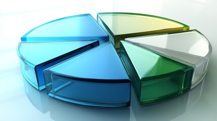 Fototapete - A financial pie chart with transparent D slices in blue and green hues, displayed on a light background, with each slice slightly separated for emphasis