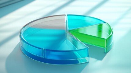 Fototapete - A financial pie chart with transparent D slices in blue and green hues, displayed on a light background, with each slice slightly separated for emphasis