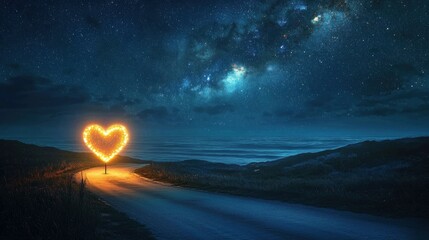 Poster - a glowing heart-shaped lamp illuminating a quiet road winding toward the ocean under a star-filled sky