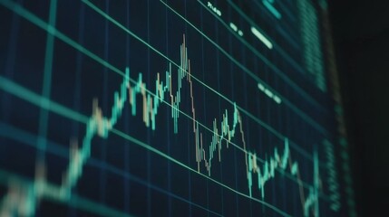 Aufkleber - A financial stock market graph with fluctuating lines and bar indicators, set against a deep blue background with glowing data points and gridlines