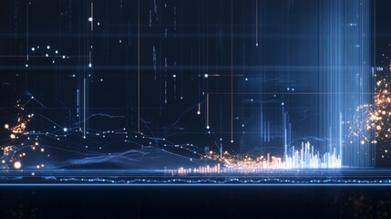 Aufkleber - A financial stock market graph with fluctuating lines and bar indicators, set against a deep blue background with glowing data points and gridlines