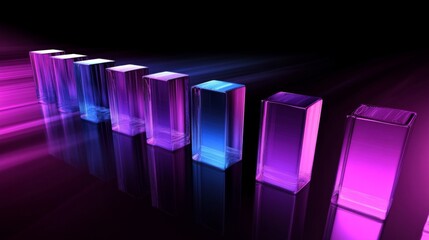Poster - A futuristic D bar graph with glowing neon bars in purple and blue tones, positioned on a reflective dark background with subtle light reflections