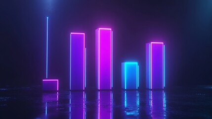 Poster - A futuristic D bar graph with glowing neon bars in purple and blue tones, positioned on a reflective dark background with subtle light reflections