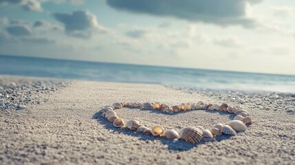 Poster - a minimalist beachside view with a tiny heart symbol outlined in seashells on a quiet sandy road