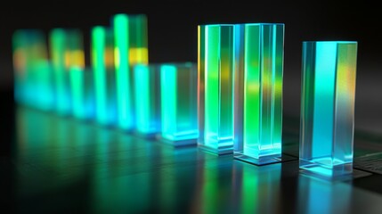 Aufkleber - A high-tech D bar graph with glowing neon bars in shades of blue and green, on a reflective surface, creating a modern, futuristic data look