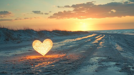 Poster - a minimalist glowing heart motif embedded into a quiet sandy beach road under soft skies