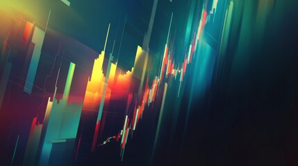 Poster - A sleek candlestick chart in metallic colors showcasing stock market fluctuations, set against a dark background with soft lighting for an upscale feel