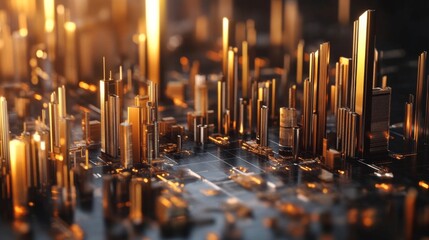 Poster - A sleek candlestick chart in metallic colors showcasing stock market fluctuations, set against a dark background with soft lighting for an upscale feel